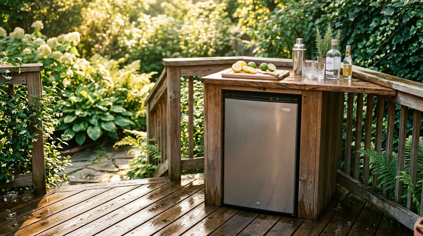 Backyard deck bar in late-afternoon sun with a compact stainless mini refrigerator tucked under the counter