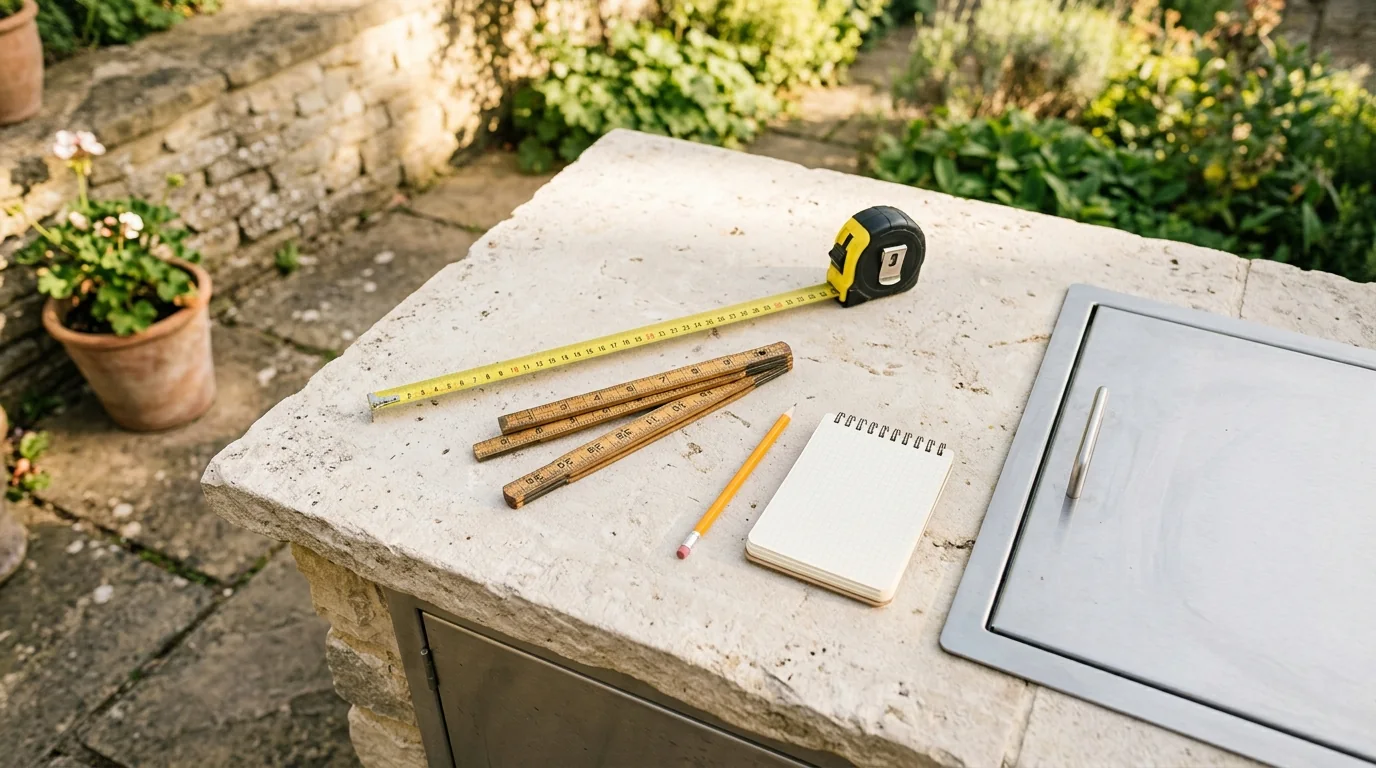 Tape measure, folding rule and pencil laid out on a sunlit pale stone outdoor counter