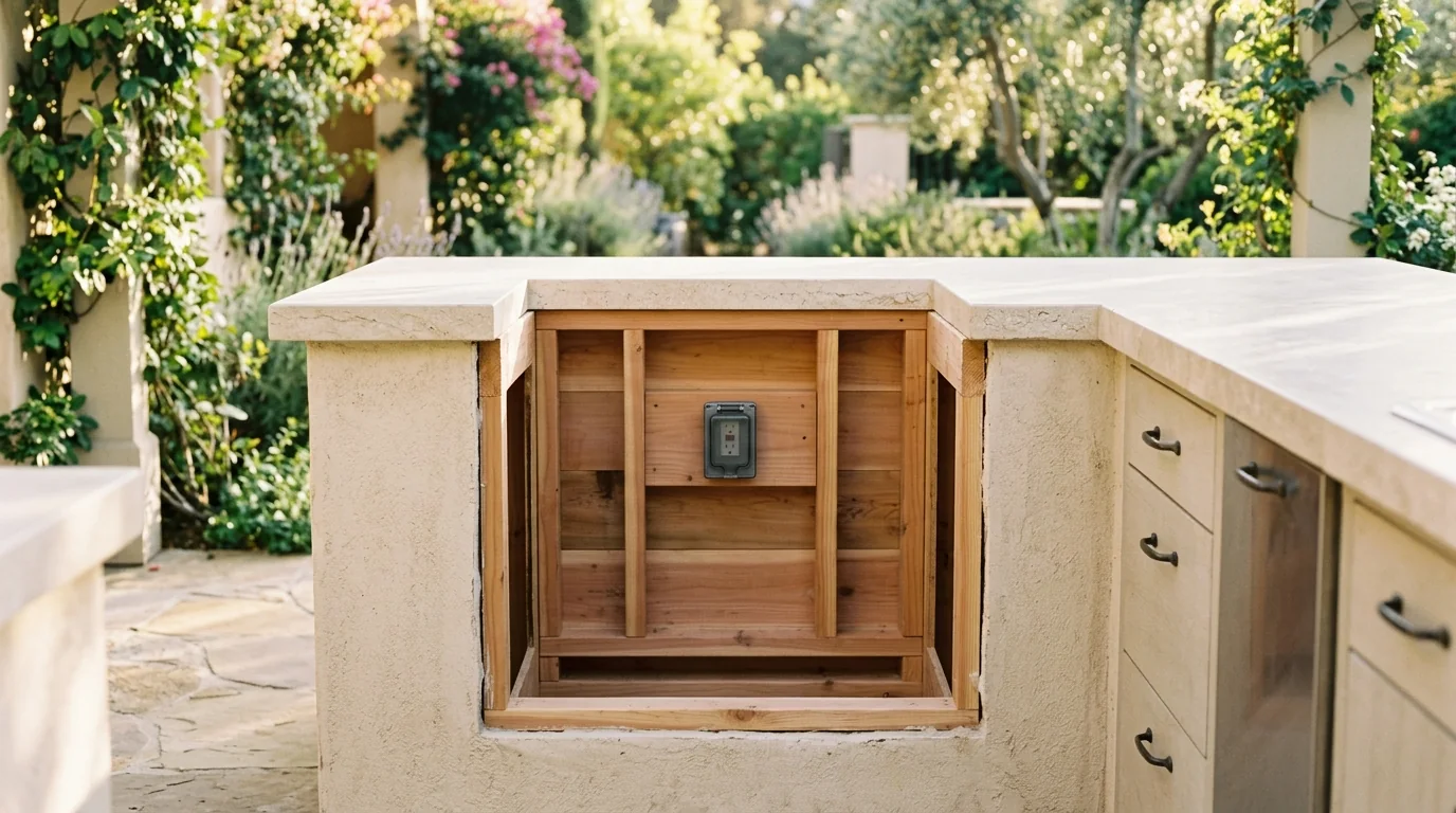 Empty under-counter appliance cutout in a sunlit stone outdoor kitchen island showing framing and a weatherproof outlet