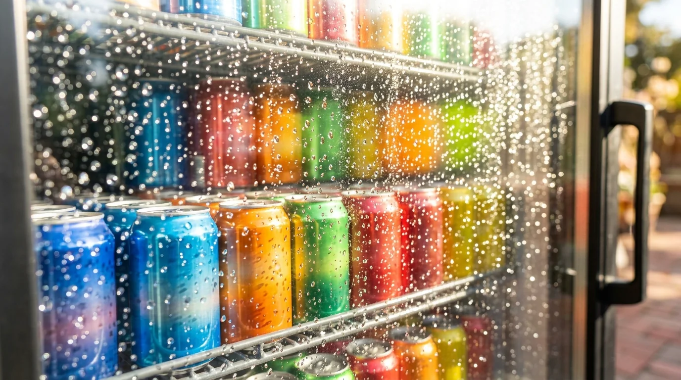 Close view of fresh condensation beads on the sunlit glass door of an outdoor beverage cooler filled with colourful cans