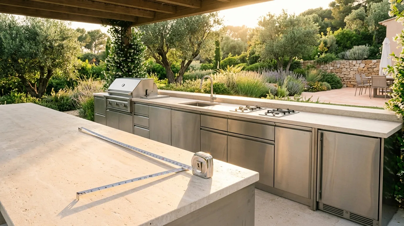 Long modern outdoor kitchen run in golden-hour sunlight with a pale stone counter and stainless appliance bays