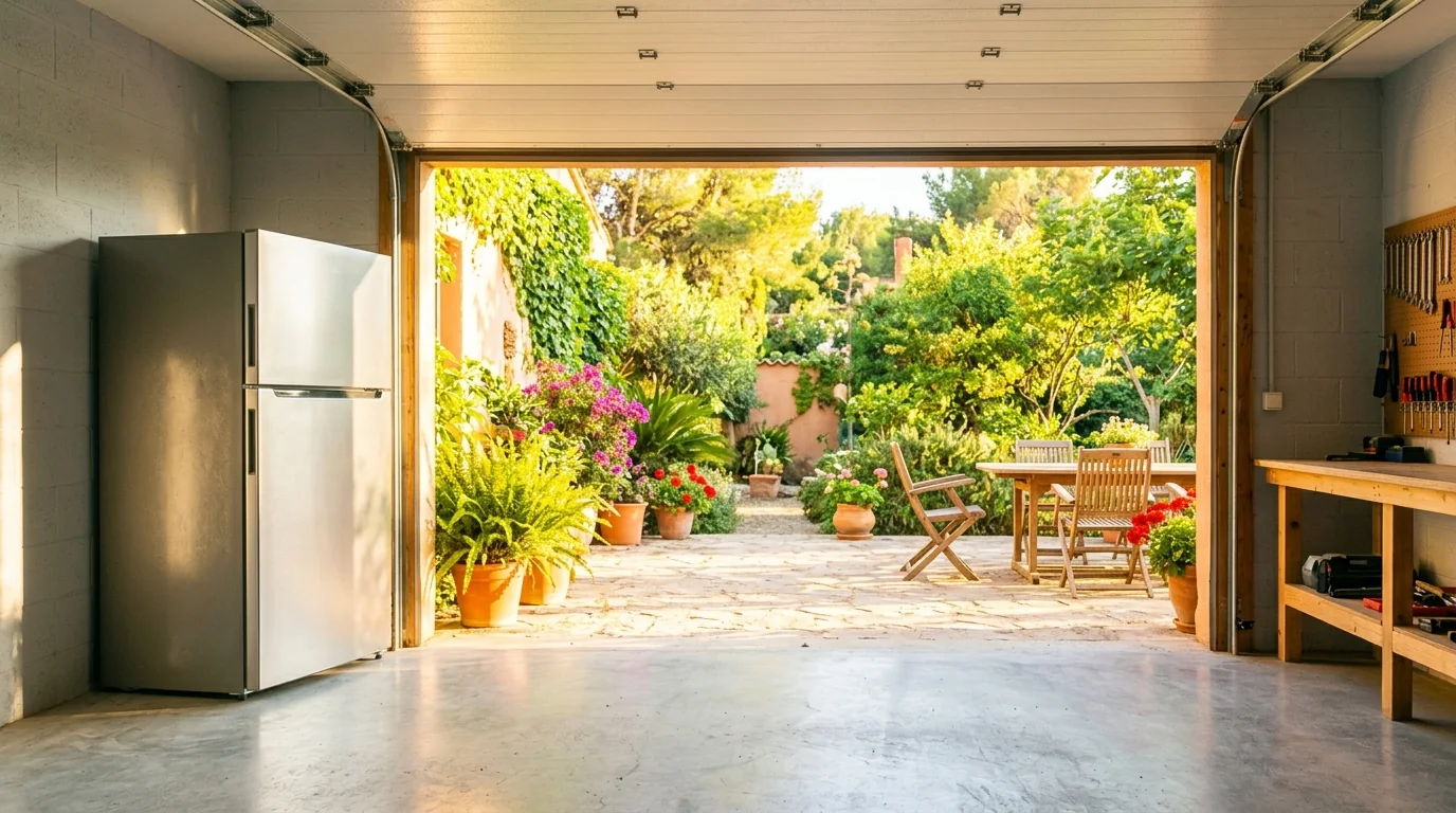 View from inside an open garage bay out onto a brightly sunlit patio, with a stainless refrigerator against the garage wall