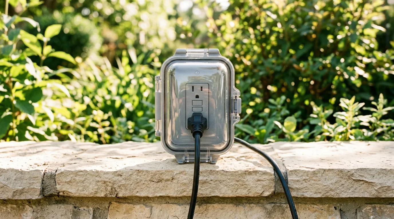 Weatherproof GFCI outdoor outlet with a clear in-use bubble cover on a sunlit pale stone patio wall, appliance cord plugged in