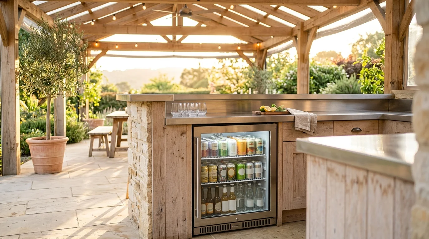 Sunlit covered patio bar with a glass-front under-counter beverage cooler stocked with cans and bottles