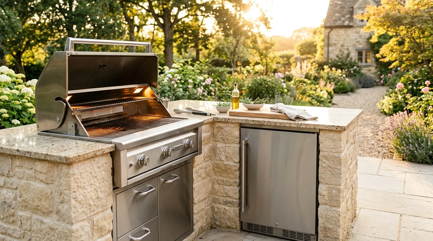 Sunlit outdoor grill island at golden hour with a stainless gas grill beside a built-in under-counter refrigerator bay