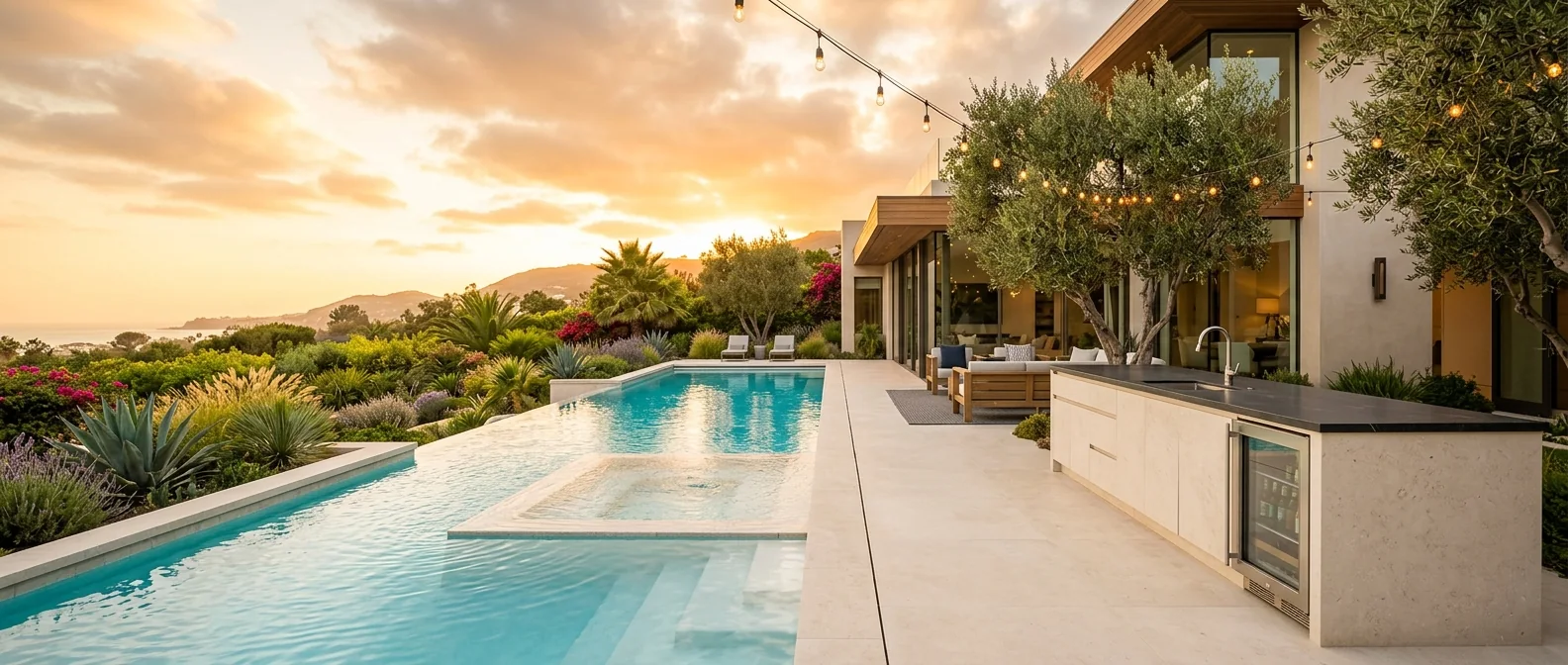 Sunlit modern backyard patio at golden hour with a pale stone outdoor kitchen island, a built-in stainless beverage refrigerator, string lights and a turquoise pool