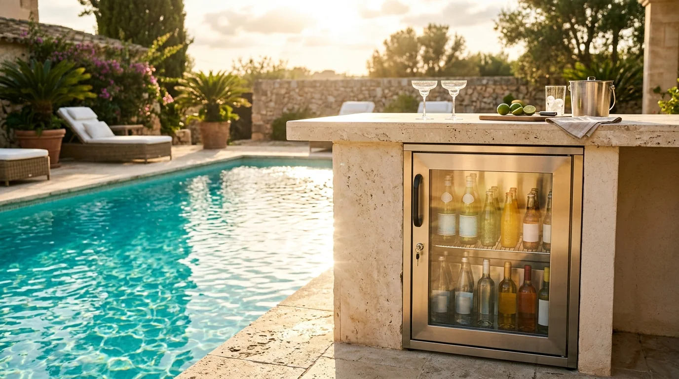 Sunlit poolside outdoor bar with a keyed stainless under-counter beverage cabinet beside sparkling turquoise water