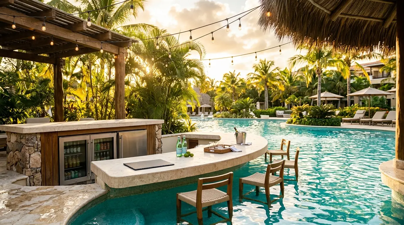 Sunlit poolside swim-up bar at golden hour with string lights and a built-in stainless beverage cabinet