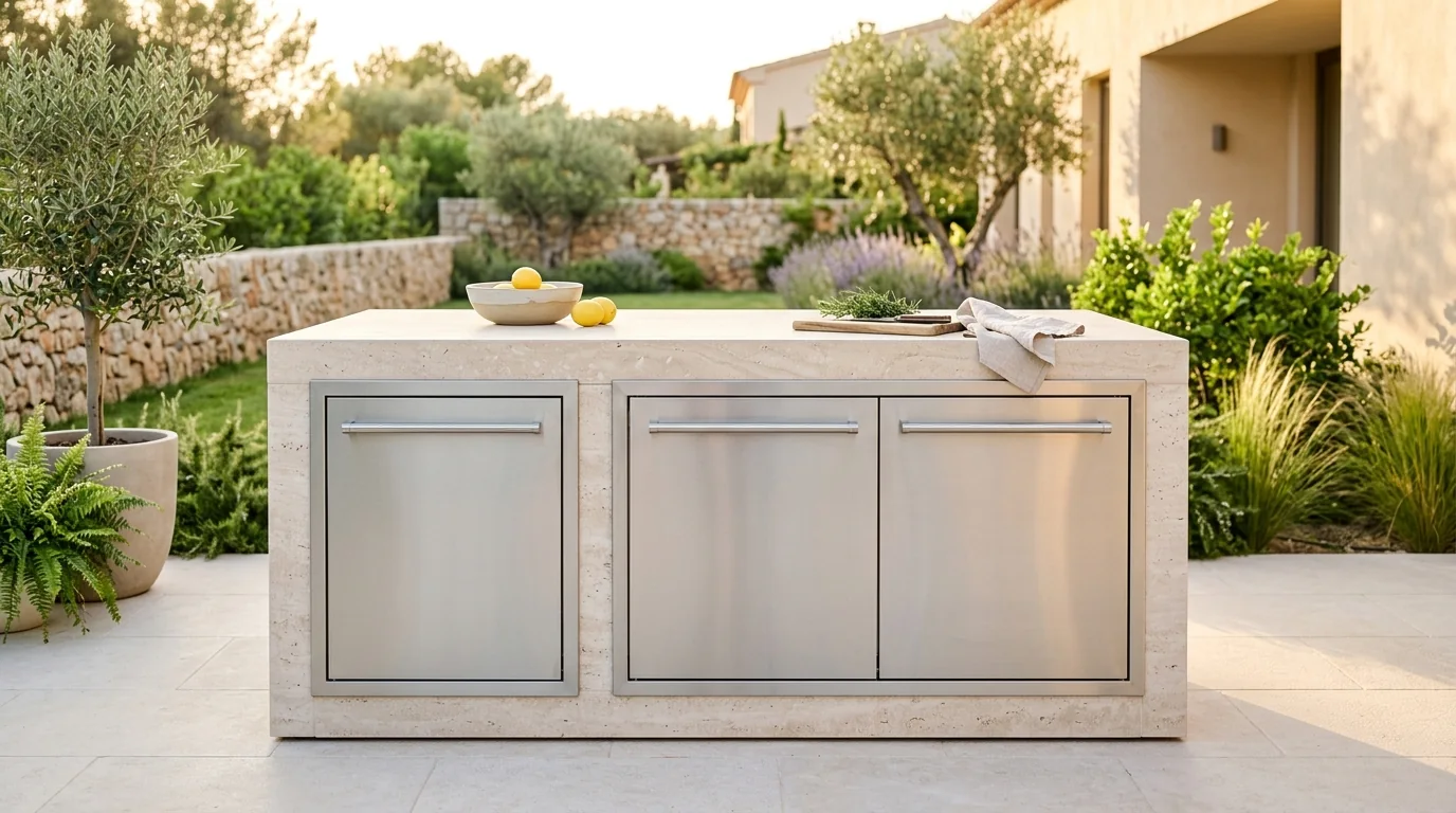 Sunlit outdoor kitchen island with a narrow and a wide stainless under-counter appliance bay side by side