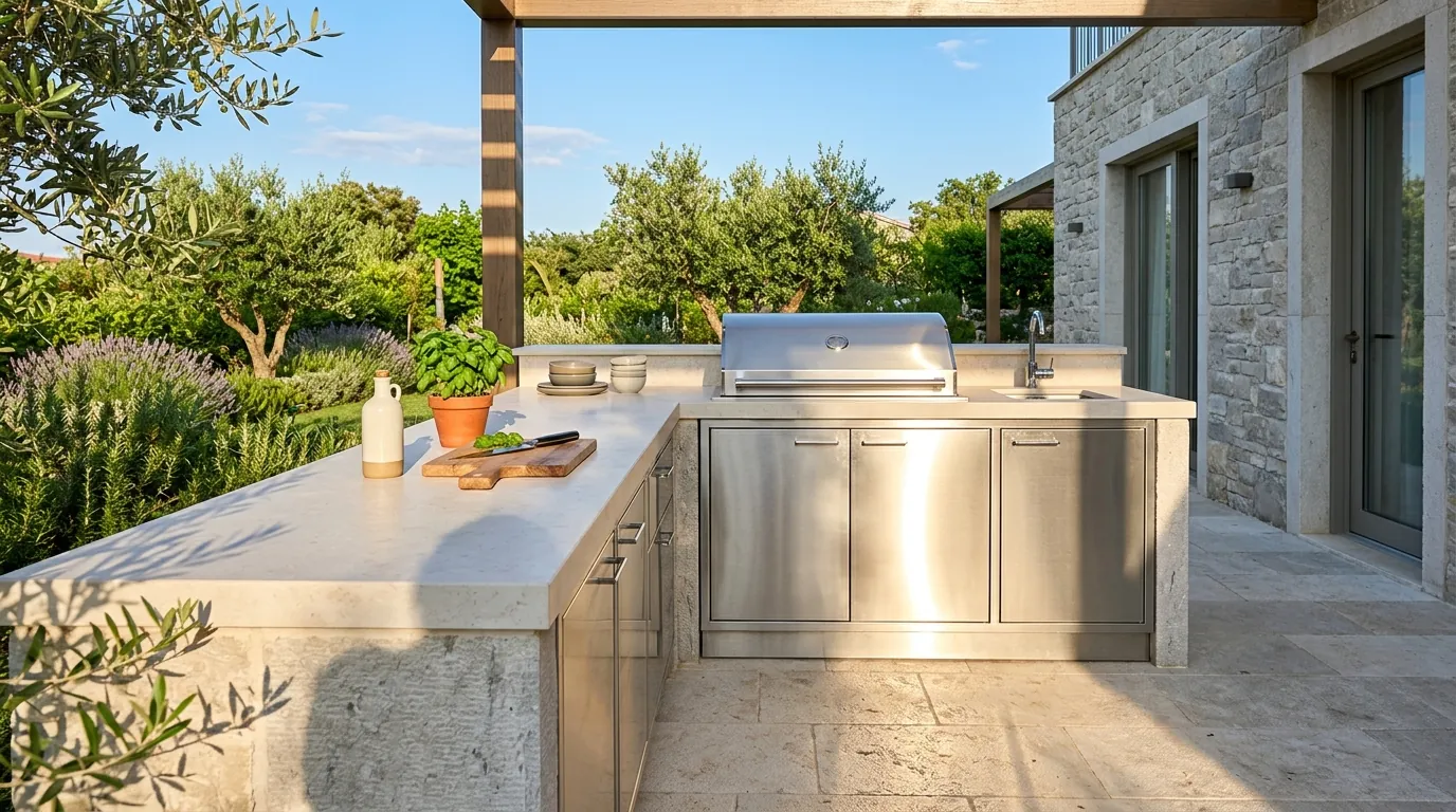 Modern outdoor kitchen in bright late-afternoon sun with crisp shadows across a brushed stainless cabinet door