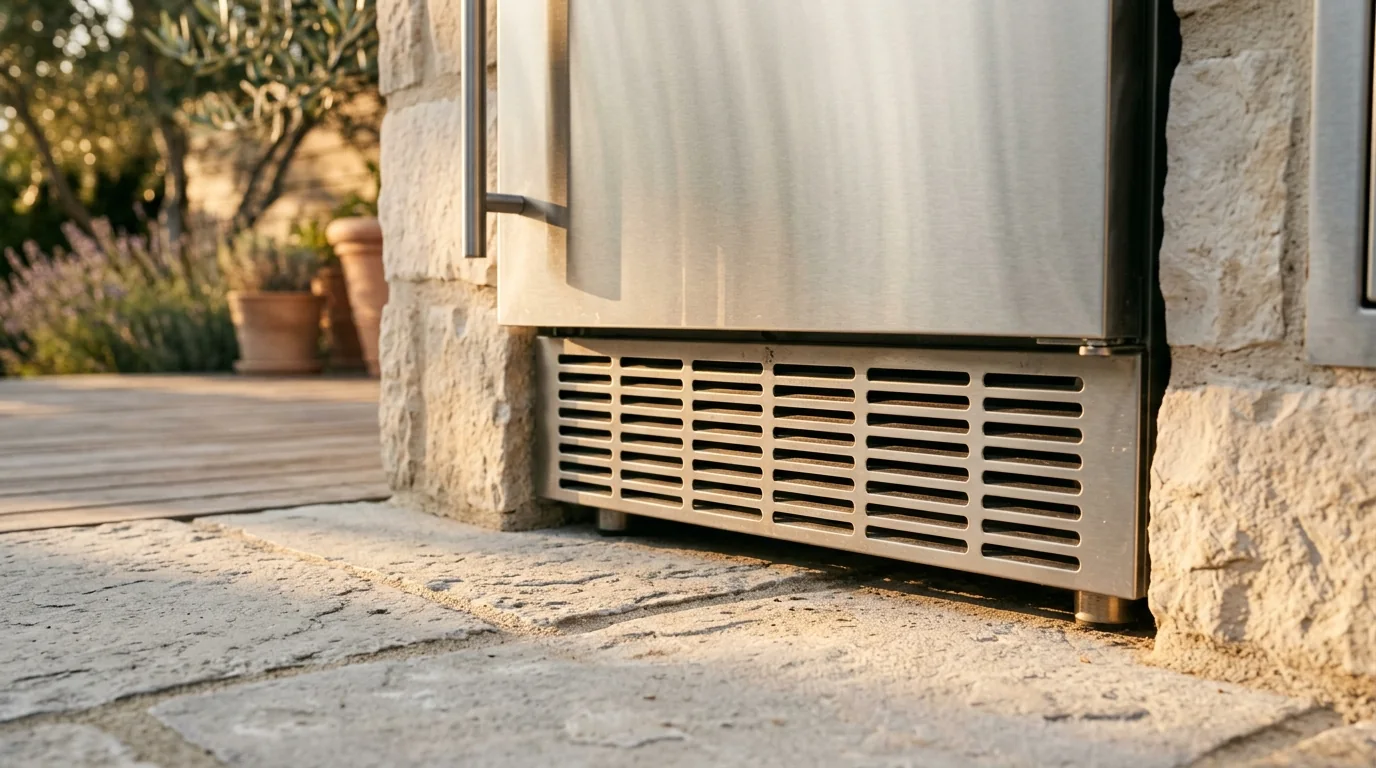 Sunlit toe-kick ventilation grille at the base of a stainless under-counter outdoor refrigerator set into a pale stone island