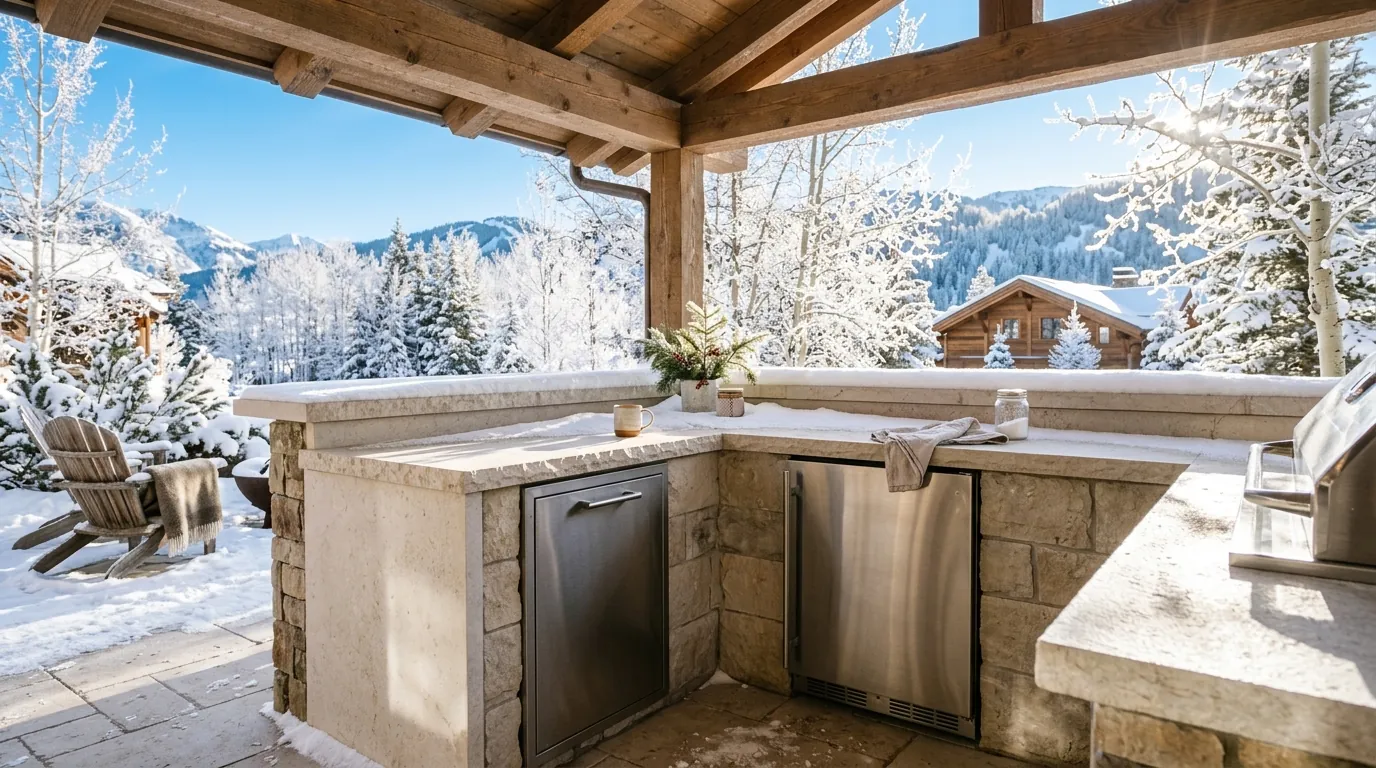 Covered outdoor patio kitchen on a bright sunny winter morning with fresh snow on the pale stone counter
