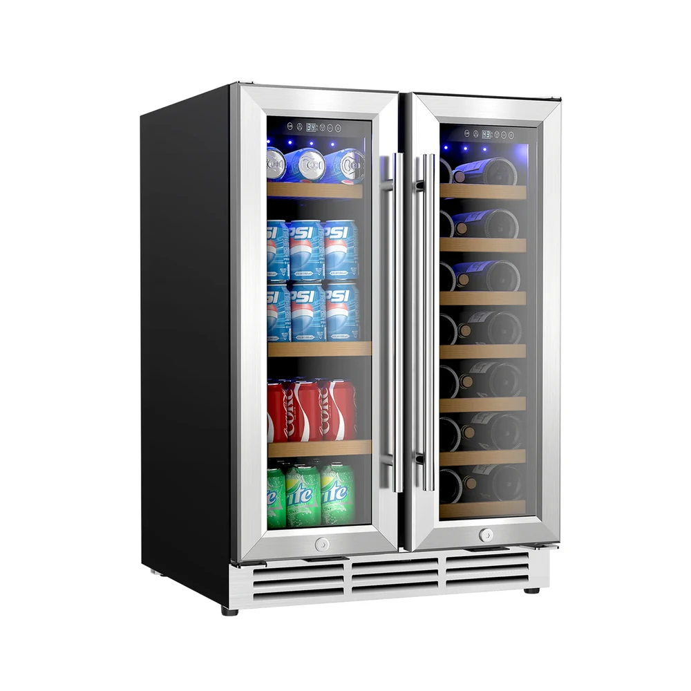 EUHOMY 24 inch dual-zone wine and beverage refrigerator with french glass doors in stainless steel, cans on one side and wine bottles on the other