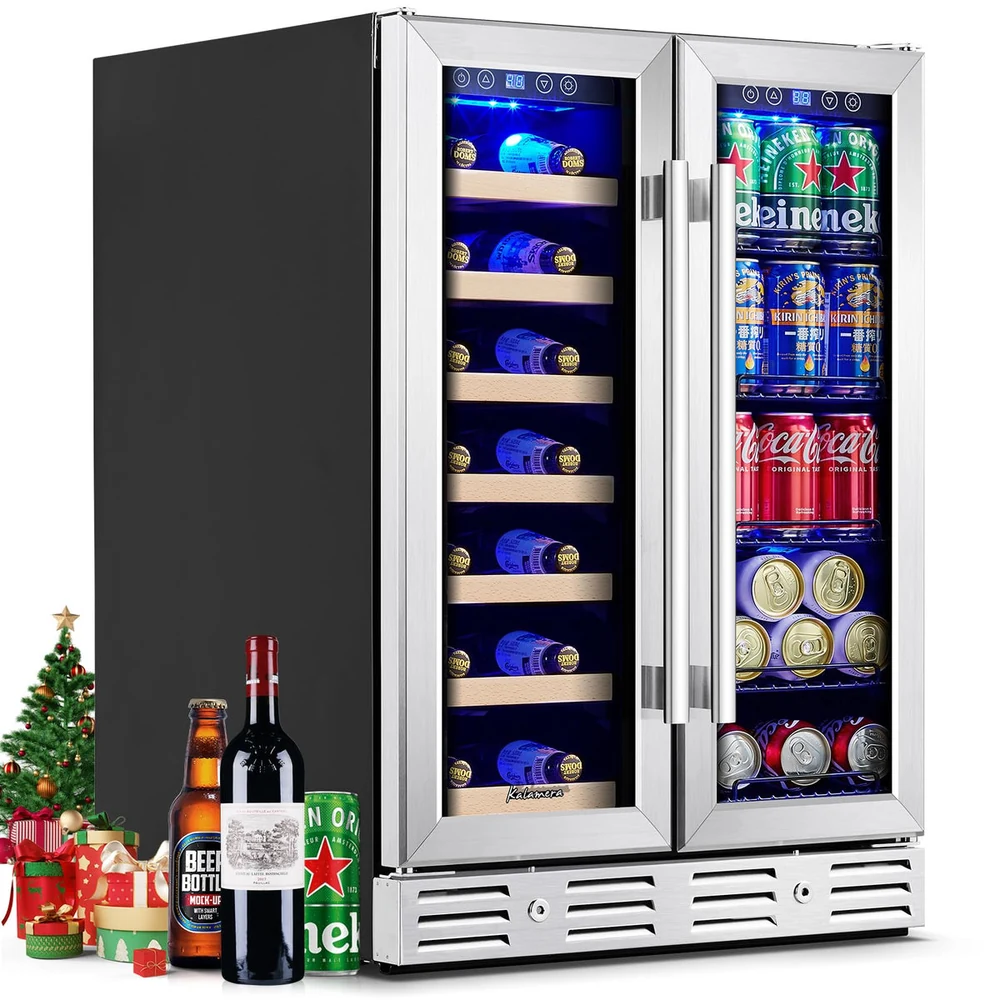 Kalamera 24 inch dual-zone wine and beverage refrigerator with french glass doors, wine bottles on one side and cans on the other