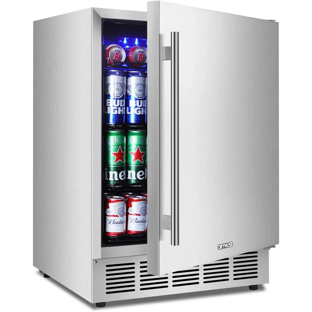 ORYMUSE 24 inch stainless steel outdoor beverage cooler with a solid seamless door, undercounter built-in, holds up to 180 cans