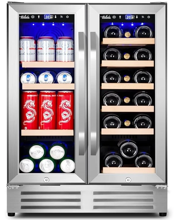 Velieta 24 inch dual-zone wine and beverage refrigerator with french glass doors, cans on one side and wine bottles on the other