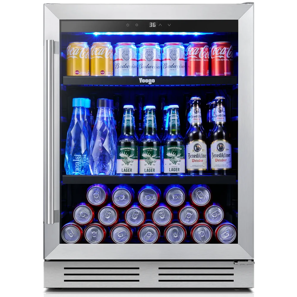 Yeego 24 inch glass-door beverage refrigerator in stainless steel, holds up to 180 cans
